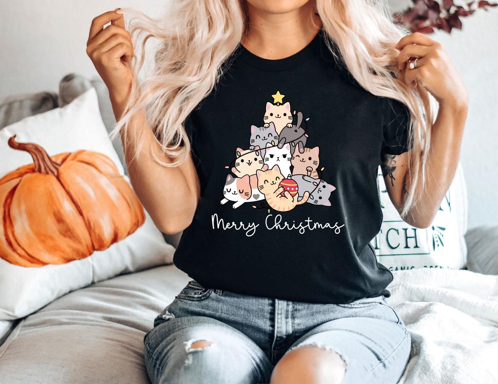 Womens Plus Size Merry CATMAS T Shirt Christmas Tree Cats Pure Cotton Breathable Fashionable and Versatile Unisex Oversized