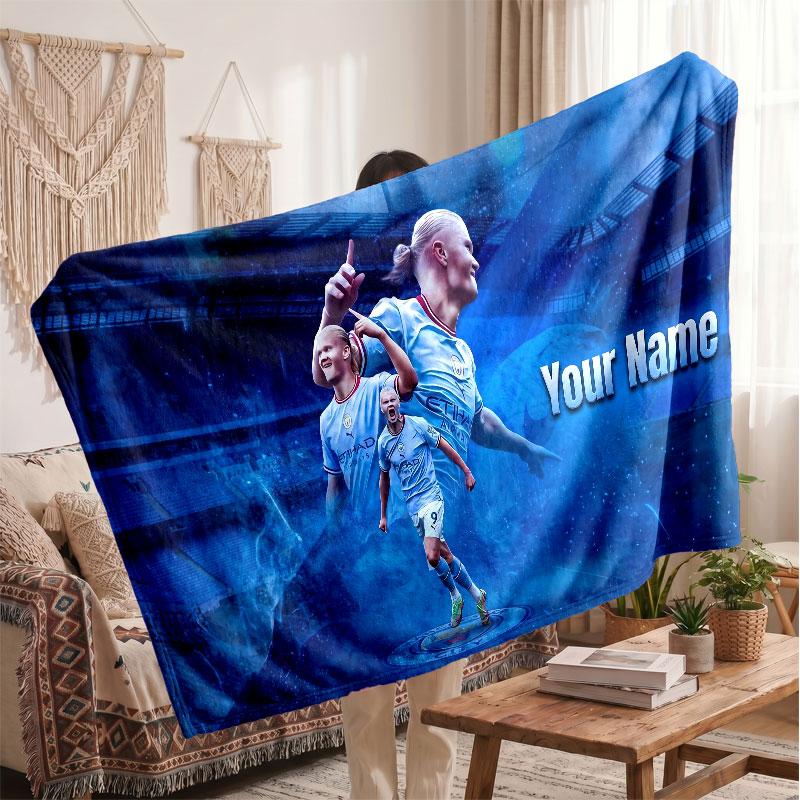 Erling Haaland Personalized Fleece Blanket With Football Logo, Custom Name Text Soft Warm Home Throw Blanket