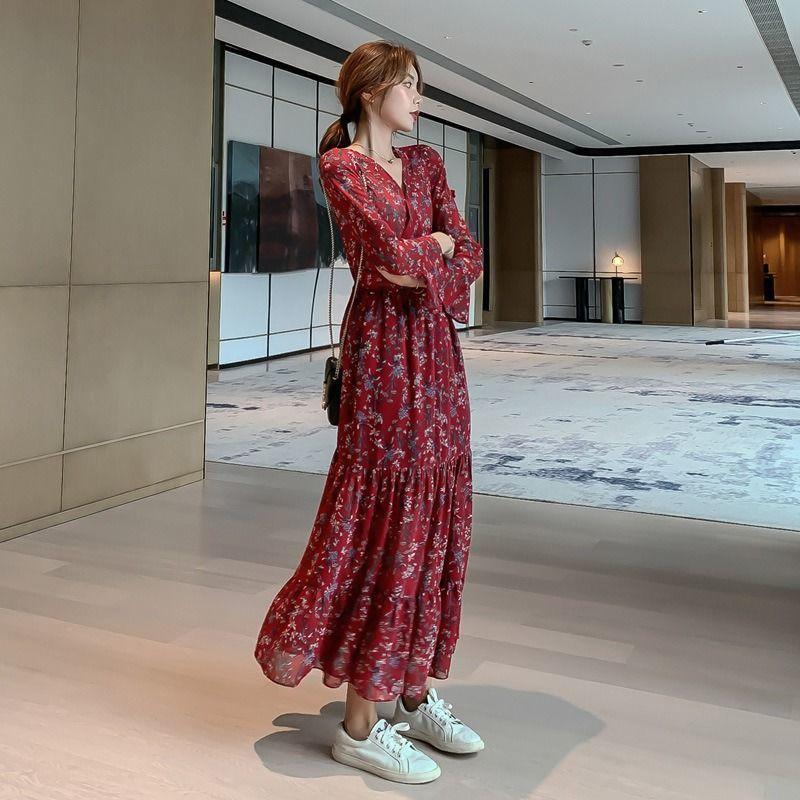 WTEMPO Брендовое фрагментированное шифоновое платье с длинными рукавами, свободная универсальная юбка в стиле ретро с большим подолом, тонкие, высокие, супер длинные юбки до колена