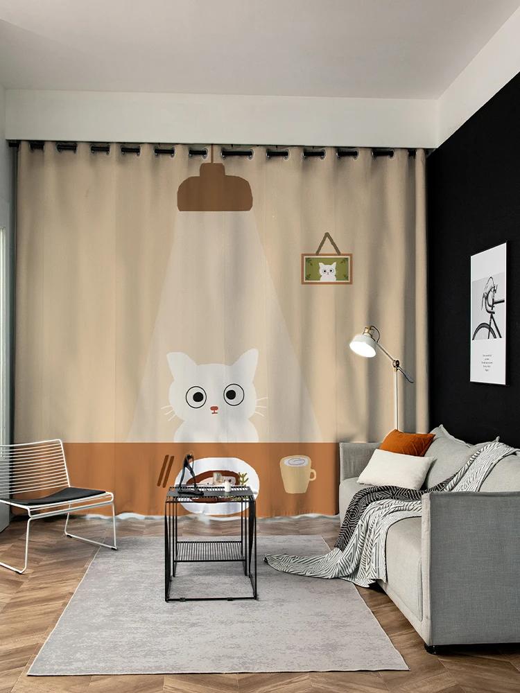 Cartoon Adorable Cat Print Pattern High Shading Drape Children's Bedroom Space Window Opening Drape Hook Top Ring New A Variety of Styles 2 Panels4