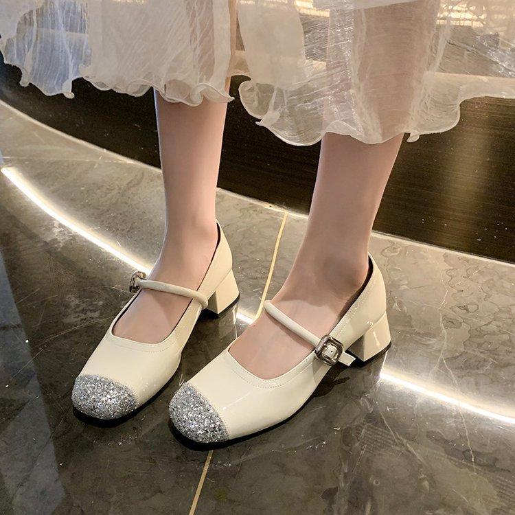 Туфли на толстом каблуке, модные и удобные, женские, на среднем каблуке, летние, однотонные, с пряжкой, туфли Мэри Джейн, универсальные, серебристые туфли
