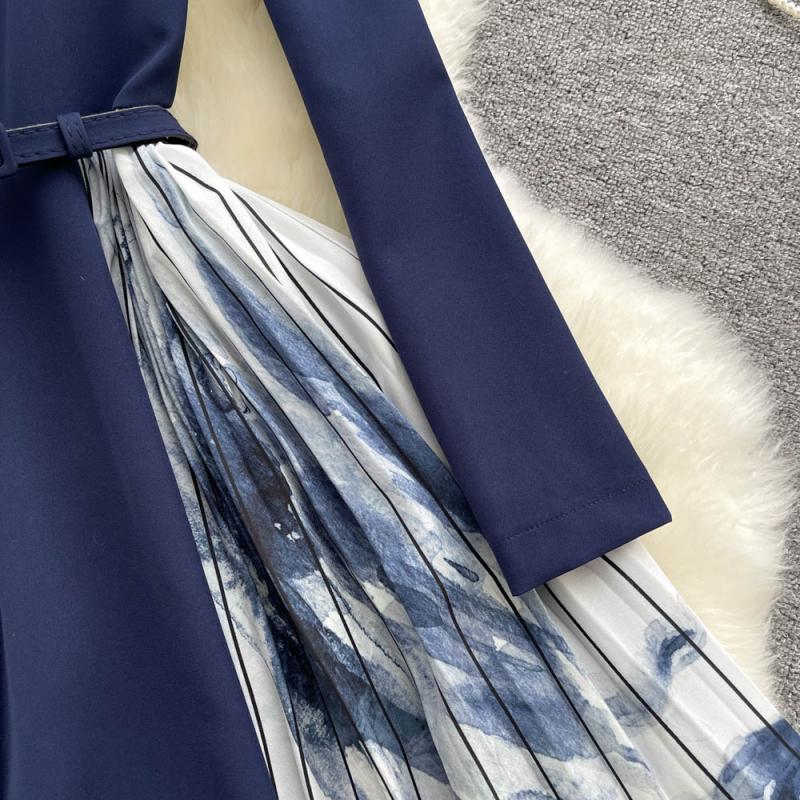 Новое осеннее легкое роскошное роскошное плиссированное платье длиной до колена в стиле Хепберн с v-образным вырезом и принтом