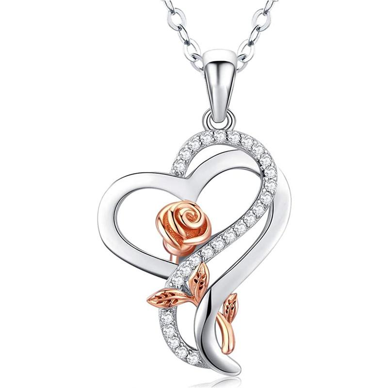 Huitan Fashion Rose Gold Color Rose Flower Pendant Necklace for Women Aesthetic Heart Love Necklace Anniversary Gift New Jewelry