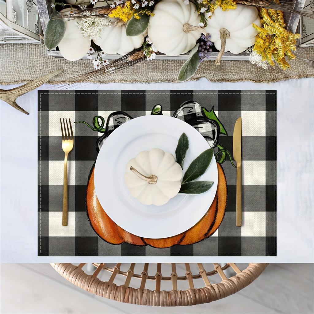 Thanksgiving Pumpkin Meal Mat 4-piece Set Hand Drawn Watercolor Checkered Bow Design Table Mat Dining Decoration