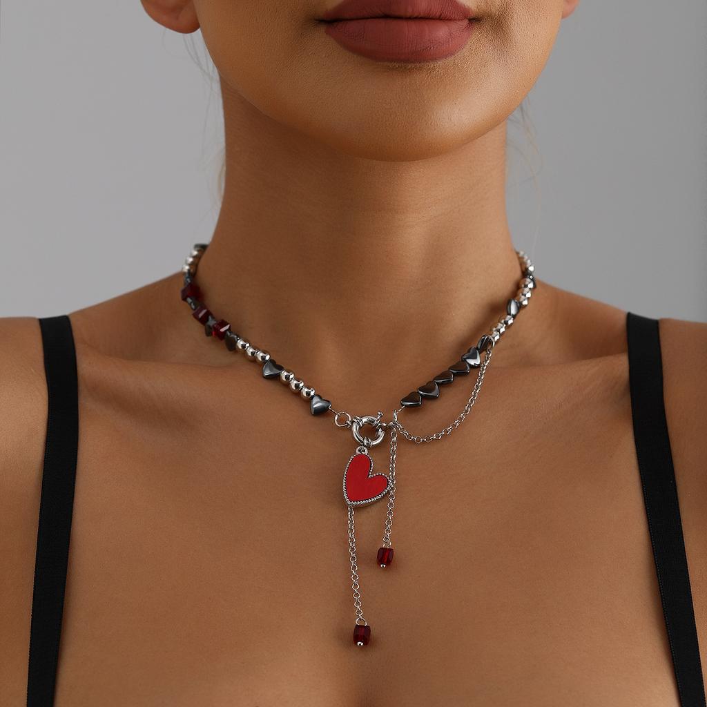 Y2K Heart Beaded Pendant Choker Necklace for Women Punk Crystal Gothic Female Party Jewelry Accessories