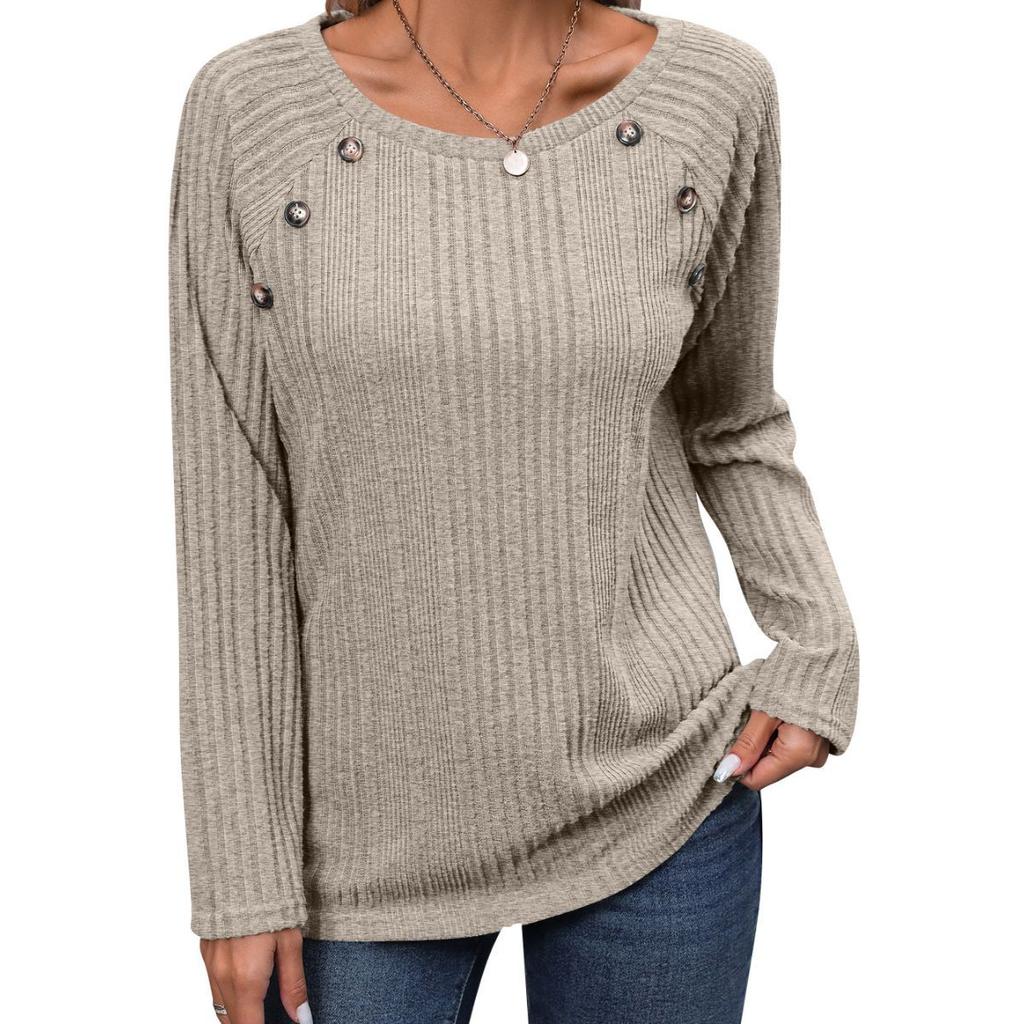 GMXIA Autumn Winter Women Pit Strip Wool Round Neck Solid Color Button Long Sleeve Top