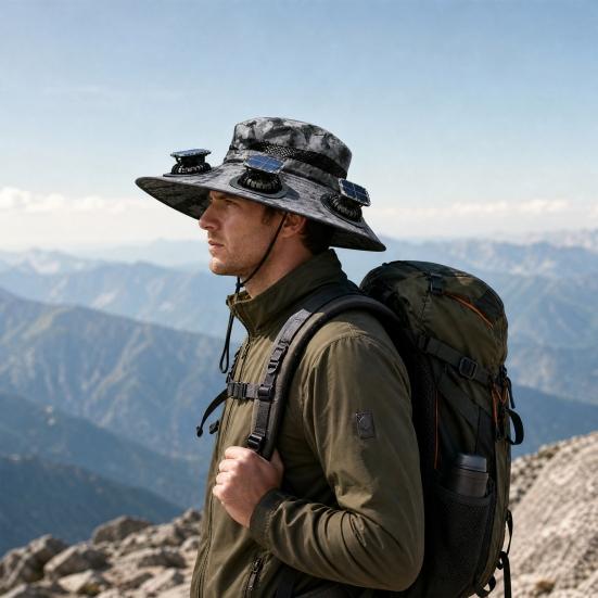 Wide-Brimmed Fan Hat with Solar USB Dual Fans Powered