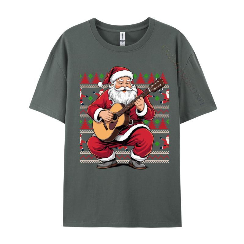 Santa Playing Guitar Funny Christmas Classic Guitar Santa T-Shirts Autumn 100% Cotton Top T-Shirts Student Tee Shirts