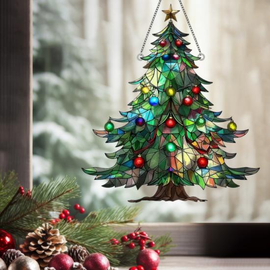 Christmas Tree Sun Catcher Stained Acrylic Light Catcher Ornament Collectible Christmas Hanging Sun Catcher for Window Tree Festive Decoration