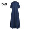 Fall Spring Lady Dress V Neck Loose Short Sleeves with Cufflink Split Hem Plus Size Dress Solid Color Buttons Pullover A-line Daily Wear Beach Maxi