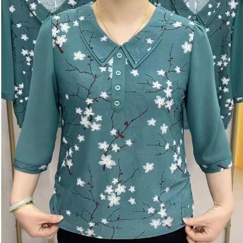 Повседневная блузка с принтом «Сломанные цветы», модный воротник «Питер Пэн», пуговицы, повседневная рубашка с рукавом 3/4 и лоскутным узором для весны и лета