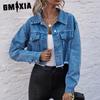 GMXIA Autumn Winter Long Sleeve POLO Neck Women's Fashion Loose Short Denim Jackets & Coats