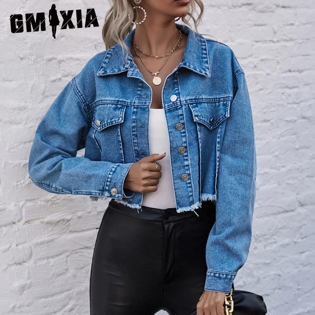 GMXIA Autumn Winter Long Sleeve POLO Neck Women's Fashion Loose Short Denim Jackets & Coats