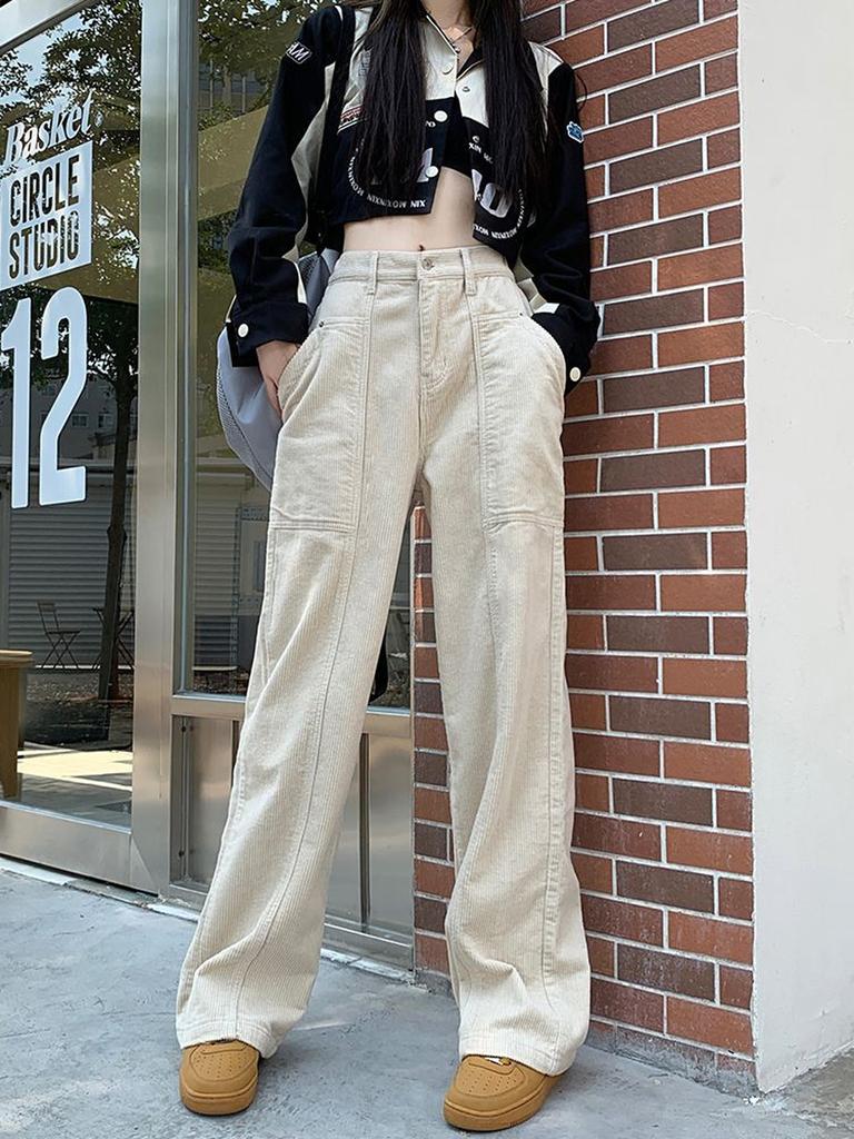 Вельветовые брюки в стиле ретро, ​​коричневые, осенне-зимние, широкие брюки-«ножи» для женщин, высокие, с высокой талией, длинные леггинсы.