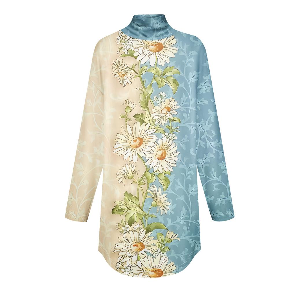 Футболки для женщин, осенние повседневные рубашки с длинными рукавами, толстовка с винтажным принтом, топ с высоким воротом, пуловер