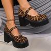 Sexy Ankle Buckle Leopard Print Pumps Women Plus Size Chunky Platform Mary Jane Shoes Woman Round Toe High Heels Shoes Ladies