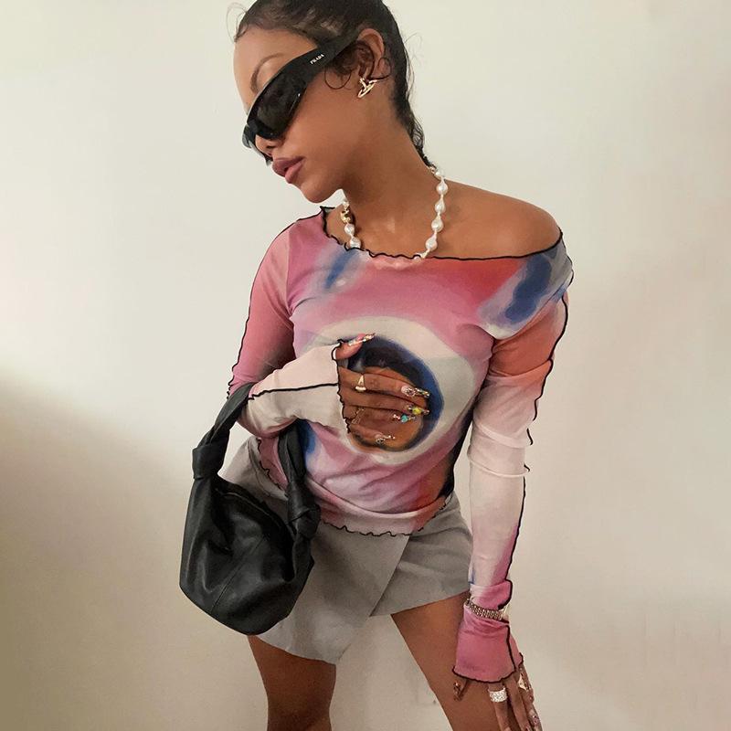 Сексуальные женские сетчатые футболки, прозрачная футболка с буквенным принтом и круглым вырезом, прозрачная футболка с длинными рукавами, женские топы