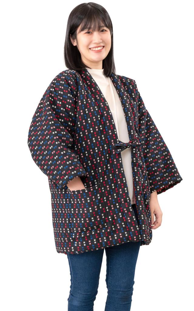 Aiai Kurume Cotton Hanten Hanten with Cube Made in Japan Women's (Chanchanko) Pattern, (Black)