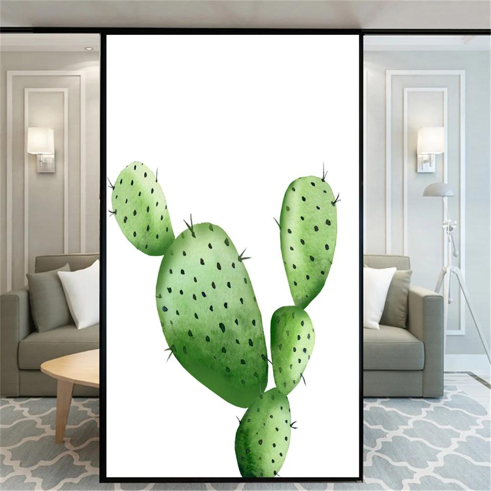 Static Cling Privacy Windows Film Decorative Cactus Plant Stained Glass Window Stickers Frosted Window Cling