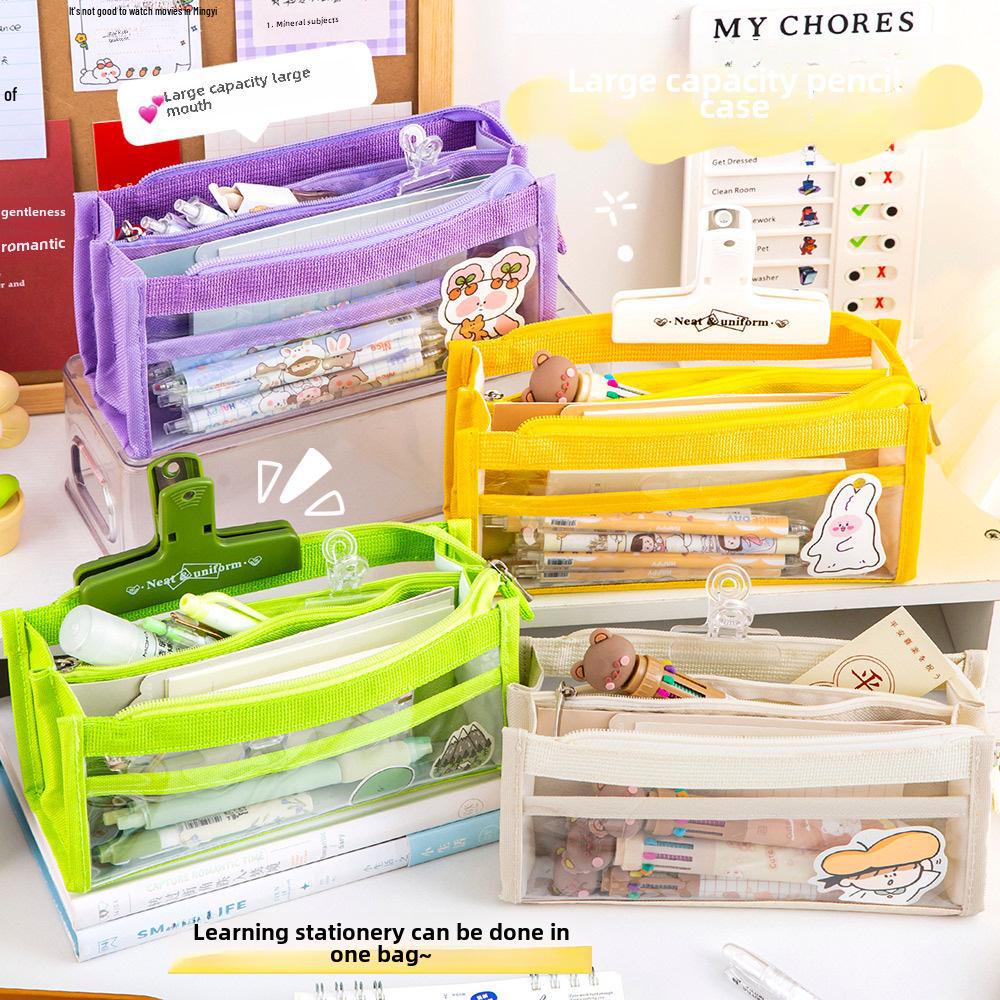 6-Layer Cartoon Mesh Pencil Case - Large, Transparent, Multi-Section Student Storage Bag