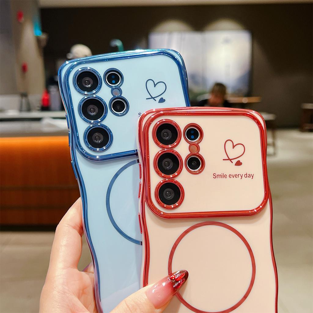 For Samsung Galaxy S25 Ultra Magnetic Case Electroplating Wave Edge TPU Phone Cover Heart Pattern