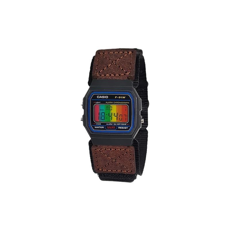 Casio Индивидуальные часы модифицированная серия различные цветные стекла черный пластиковый корпус классические ретро маленький квадрат F-91W-HeiSeBiaoPanCaiSeShuTiaoWenBiaoJing