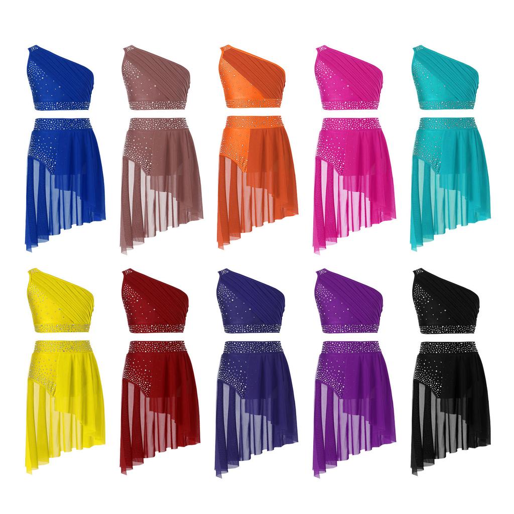 Girls Shiny Rhinestone Dance Crop Top & Skirted Briefs Set with Sheer Mesh Overlay for Lyrical Performance