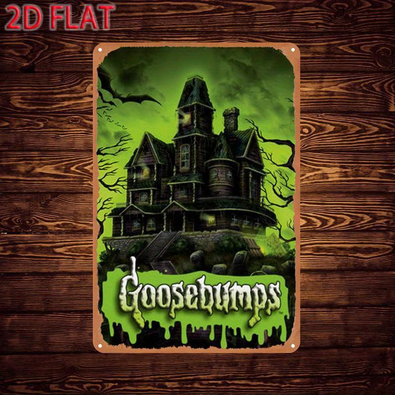 Spooky Haunted House Metal Tin Sign Gothic Horror Artwork with Haunted Mansion Bats Goosebumps Text Halloween Wall De