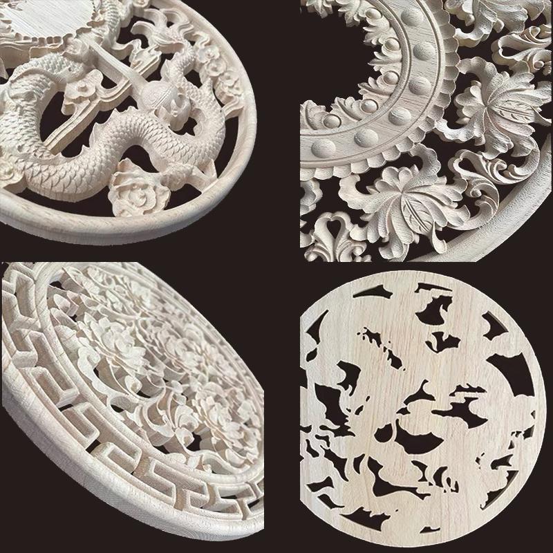 Round Chinese Dragon Wood Carving Applique Antique Onlays Mouldings Wood Figurines for Furniture Decoration Vintage Decor Floral
