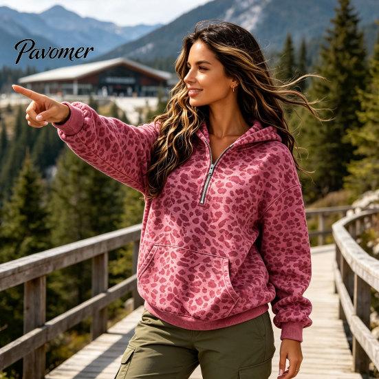 Kangaroo Pocket Hoodie Women Leopard Print Hoodie, Oversized Half Zip Hooded Sweatshirt with Pullover Pocket, Fall Long Sleeve Casual Top