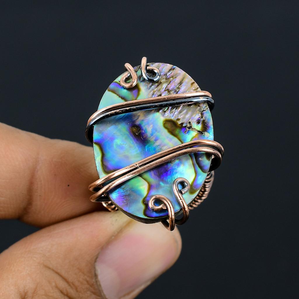 Натуральный драгоценный камень из ракушки морского ушка Кольцо ручной работы из медной проволоки, размер 5,5 L2E42
