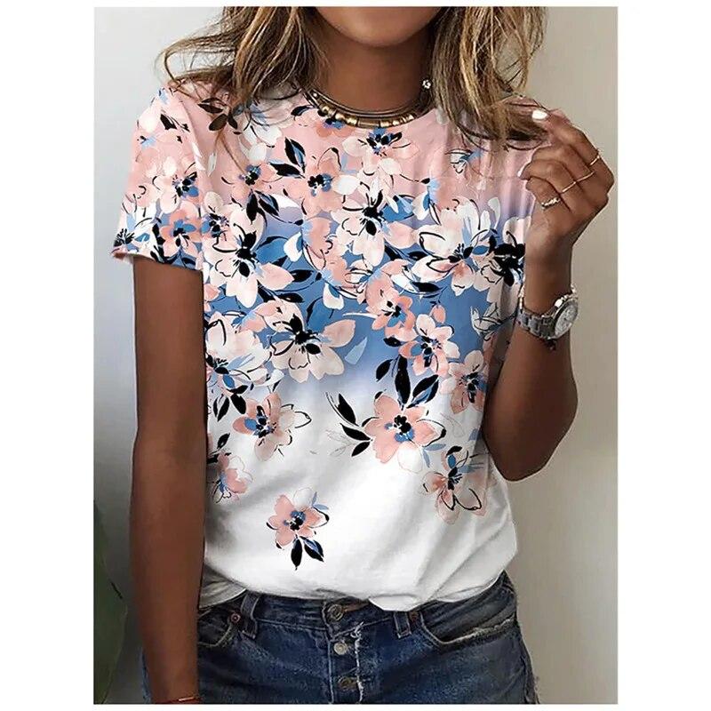 Лето 2024, новый женский топ с короткими рукавами, модный пуловер Y2K, повседневная красочная футболка с цветочным 3D круглым вырезом и круглым вырезом, 2024 г.