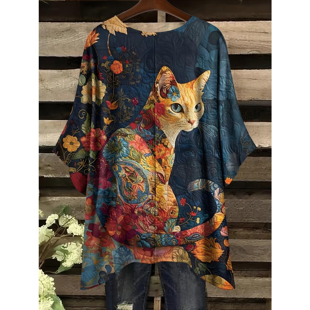 Elegant bohemian vacation style large size simple retro cat pattern print irregular hem crew neck T-shirt