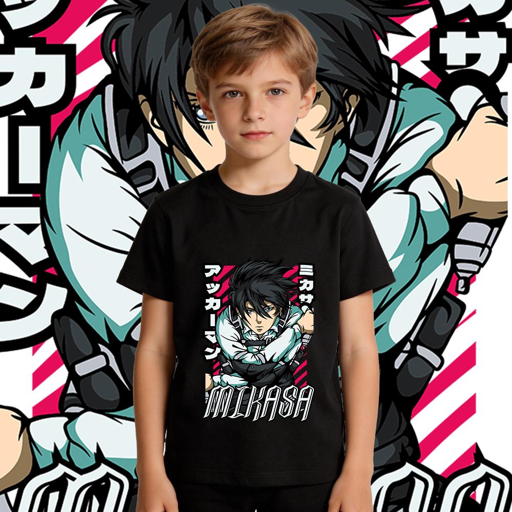 Aot Mikasa Anime Graphic Print Cotton T Shirt for Boys Girls Short Sleeve Kids Casual Soft Breathable Summer Top