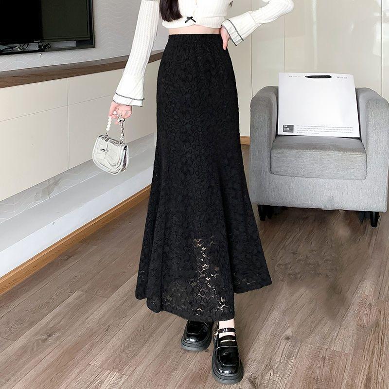 Юбка-рыбий хвост из кружева для женщин, узкая юбка с высокой талией и запахом на бедрах, универсальная, элегантная длинная юбка для осени и весны