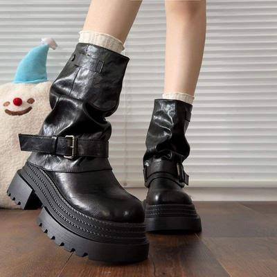 Женские ботильоны-трубы средней высоты на толстой подошве Maillard 2025 новая британская ретро-мода плиссированные ботинки Мартин осень женские