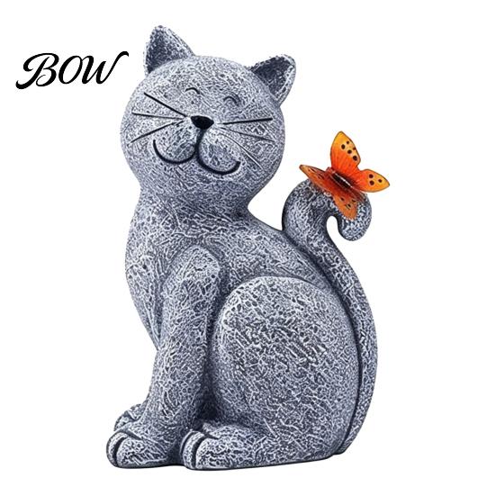 Healing Cat Statue with LED Solar Garden Statue, Cute Sculpture Butterfly Light, Waterproof Resin Animal Figurine for Lawn Patio Yard Pathway