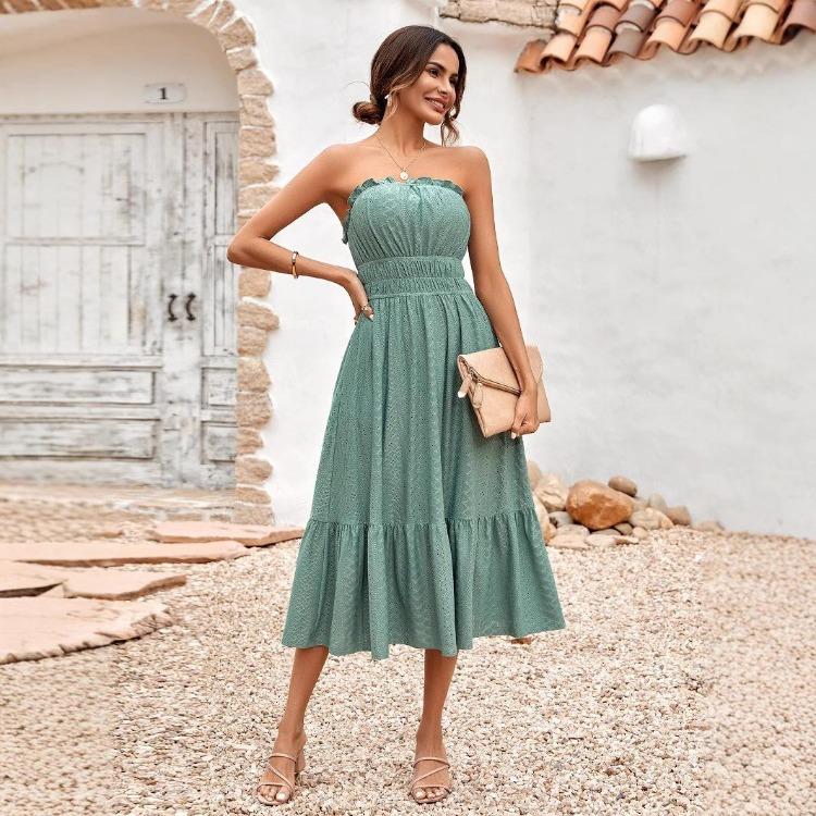 Women Summer Casual Sleeveless Strapless A-Line High Waist Solid Color One Collar Dresses Spring S-XL Middle Long Dress
