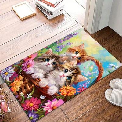 Игривый коврик с цветочным узором и кошкой, Нескользящий декоративный коврик для спален, гостиных и детских игровых зон