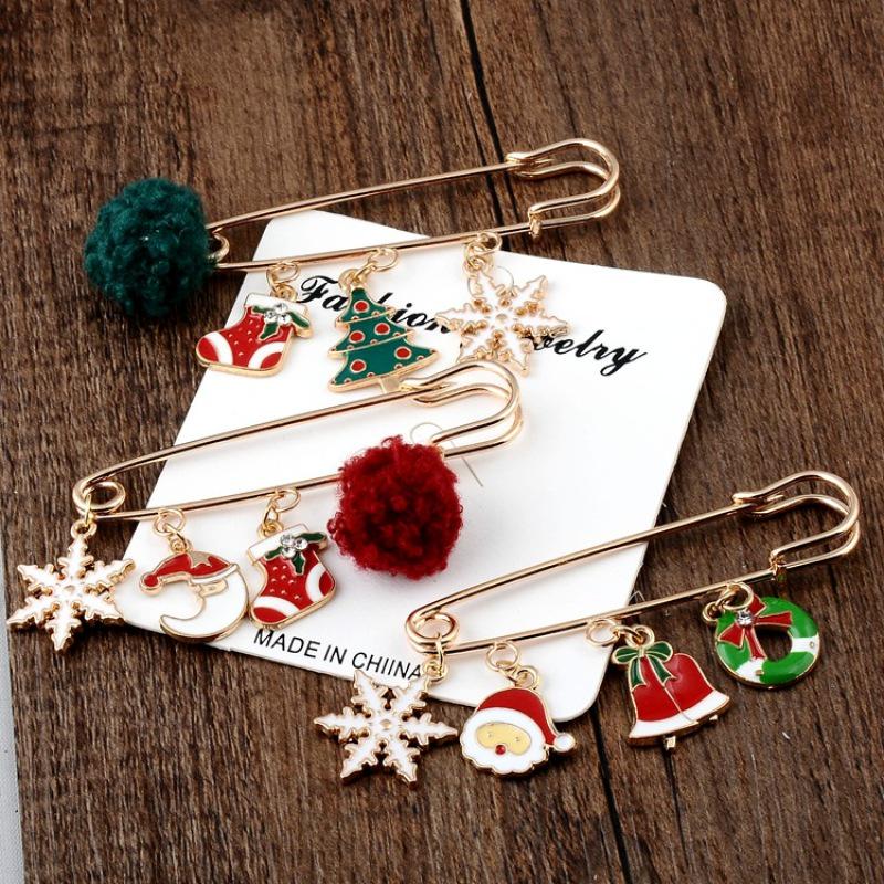 Christmas Series Jewelry Santa Claus Elk Tree Snowflake Snowman Hat Glove Bell Brooch
