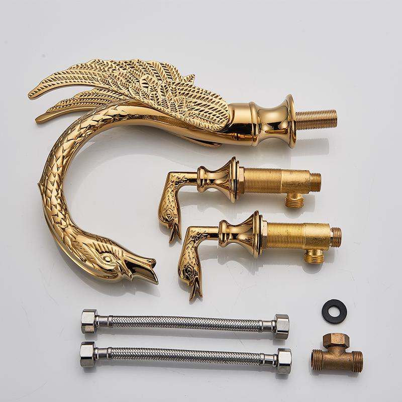 Luxury Golden Swan Basin Faucets Dual Handles Hot Cold Water Mixer Tap