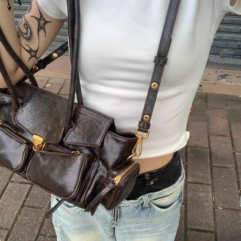 Yogodlns Винтажная сумка подмышку для девочки Универсальная сумка Многокарманная мотоциклетная сумка Роскошная дизайнерская сумка Кожаная сумка на ремешке-спагетти