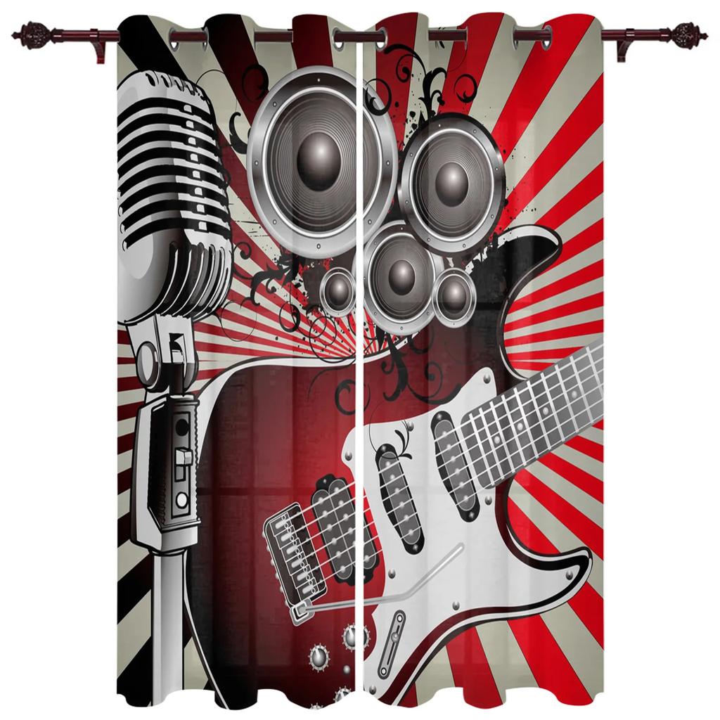 2 панели cortinas Музыка Сцена Динамик Гитара Окна Шторы Гостиная Спальня Оконные украшения Бытовая Кухня Шторы
