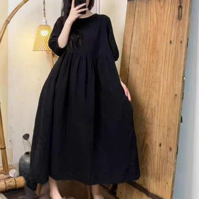 Новое летнее платье большого размера для женщин, винтажное повседневное свободное макси-платье, однотонное базовое с круглым вырезом