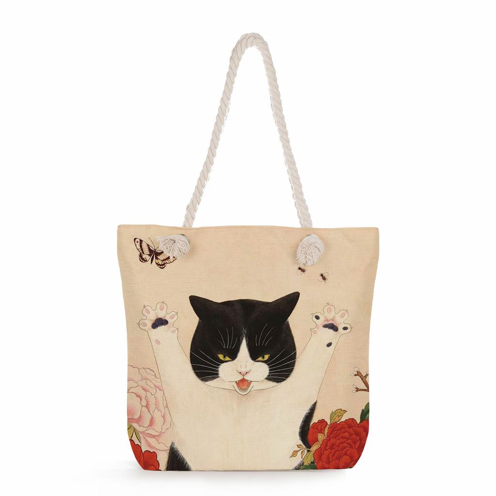 Cat print thick rope single-shoulder beach bag 7215 KTB
