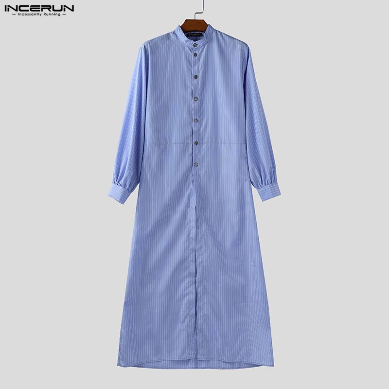 INCERUN Мужские рубашки оверсайз со стойкой, рукавами-буфами, полосатым принтом, пуговицами, высокими разрезами
