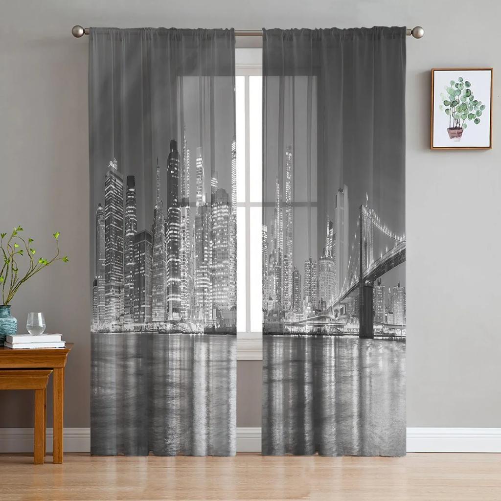 City Night Lights Sheer Curtains Living Room Window Tulle Curtains For Bedroom Kitchen Home Decoration Voile Drapes