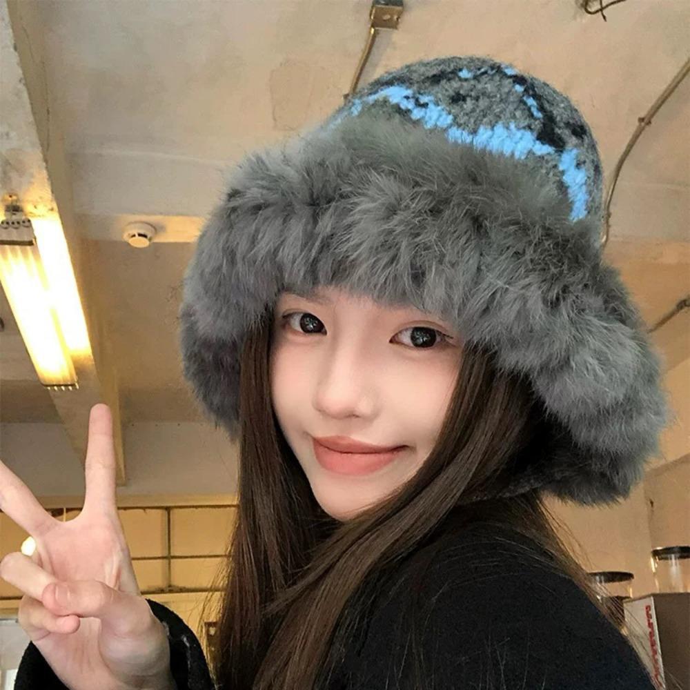 Windproof Faux Fur Lei Feng Hat Ethnic Style Pullover Beanie Hat Knitted Plush Hat  Autumn Winter