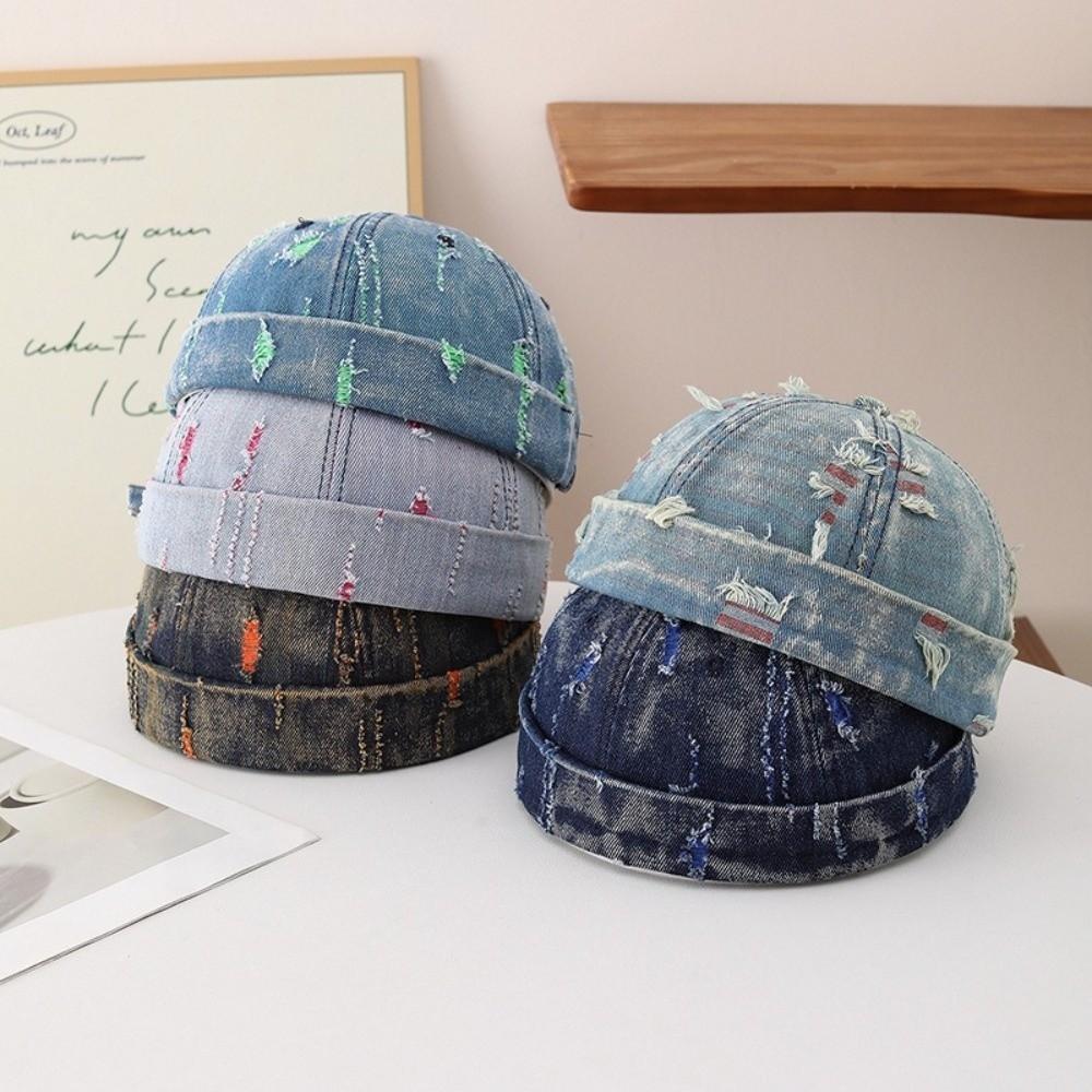 Cotton Polyester Blend Brimless Beanie Frayed Edges Distressed Denim Hat Brimless Cap Men Women
