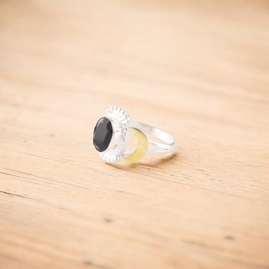 Natural Black Onyx Gemstone 925 Sterling Silver Jewelry Handmade Tow Tone Ring RR-61-21